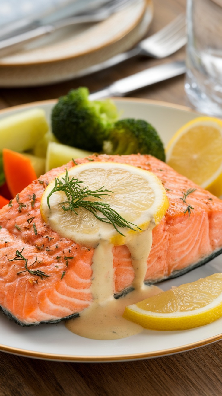 Creamy lemon garlic salmon garnished with dill and lemon slices on a wooden table.